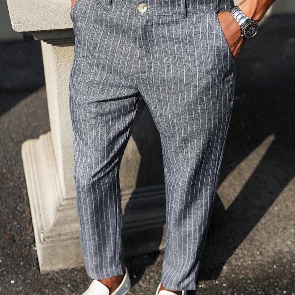 Manfinity Business Casual Gray Sheer Textured Vertical Stripe Tapered Suit Pants